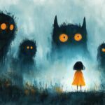 Os 5 autores que moldaram o terror na literatura: uma jornada pelo medo e a imaginação whimsical illustration of child facing imaginative fears colorful monsters lurking in shadows balanced by comforting elements soft dreamy style perfect for childrens literature