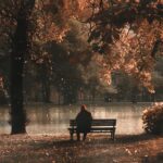 A person sits alone on a park bench, their face partially hidden in the shadows, surrounded by fallen leaves. Generative AI